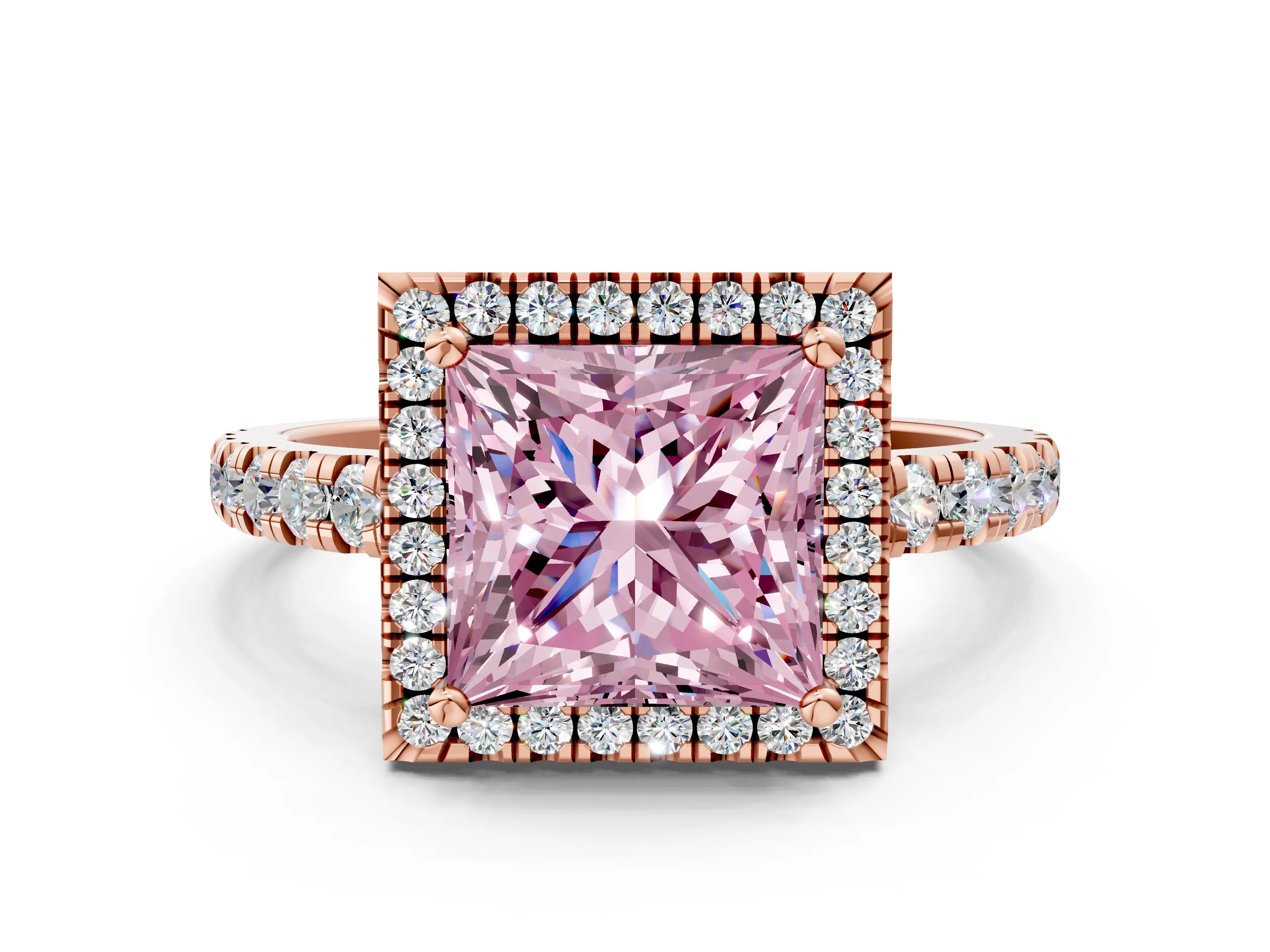 Rose gold Fancy Pink Princess Cut Diamond Halo Ring with Pavé Band and Four-Prong Setting