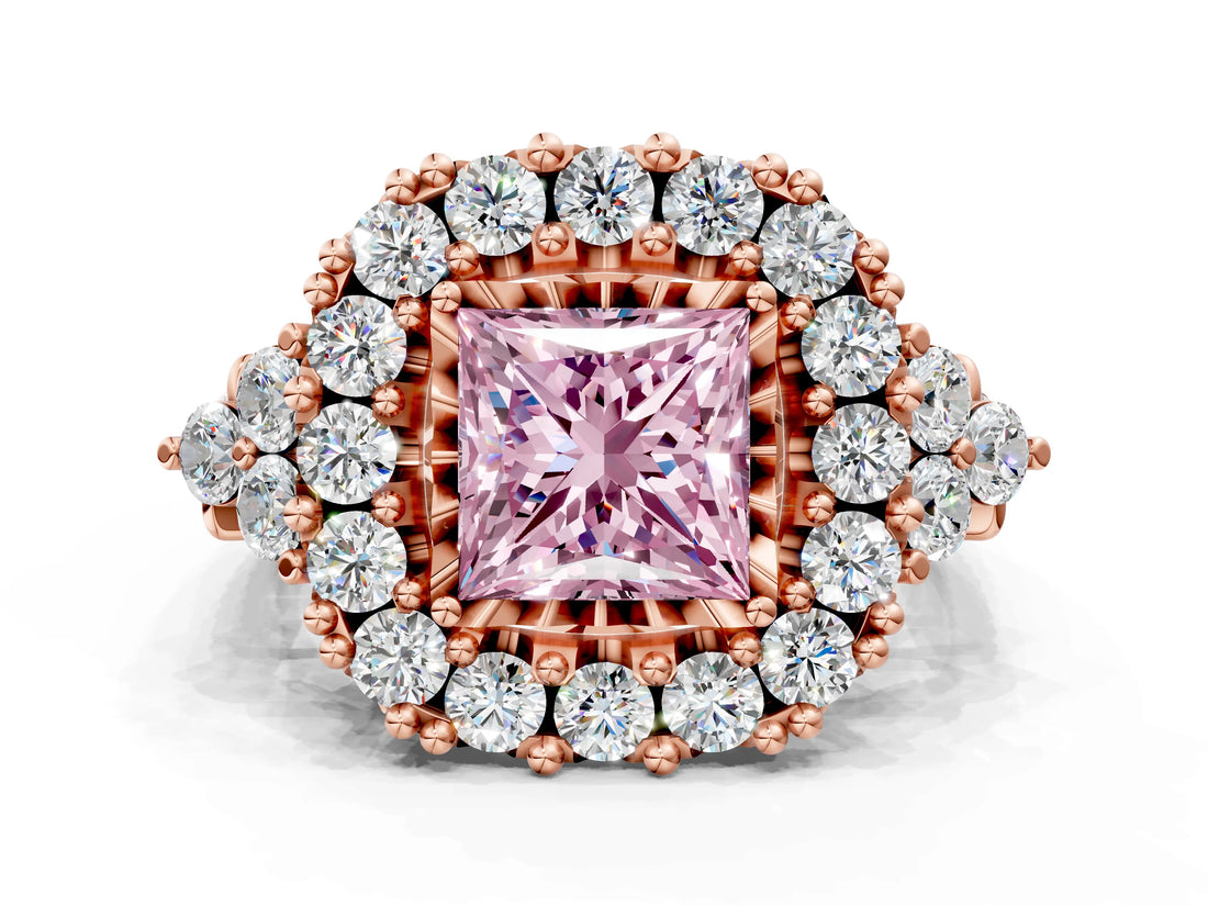 Rose gold Fancy Pink Princess Cut Diamond Halo Ring with Pavé Band and Four-Prong Setting_17