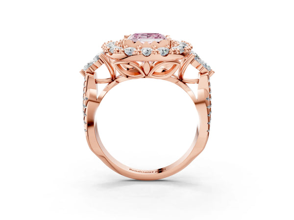 Rose gold Fancy Pink Princess Cut Diamond Halo Ring with Pavé Band and Four-Prong Setting