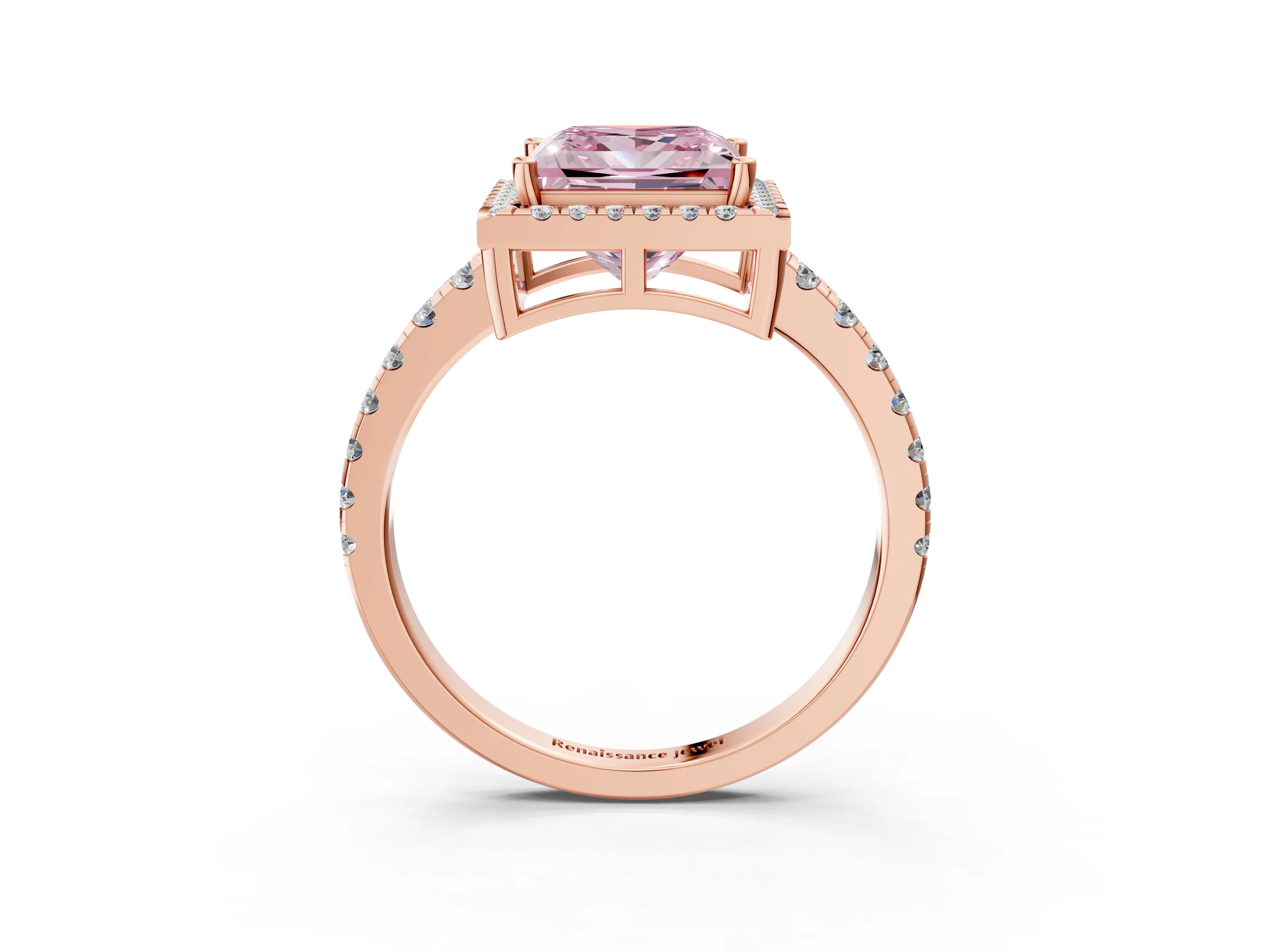 Rose gold Fancy Pink Princess Cut Diamond Halo Ring with Pavé Band and Four-Prong Setting_3