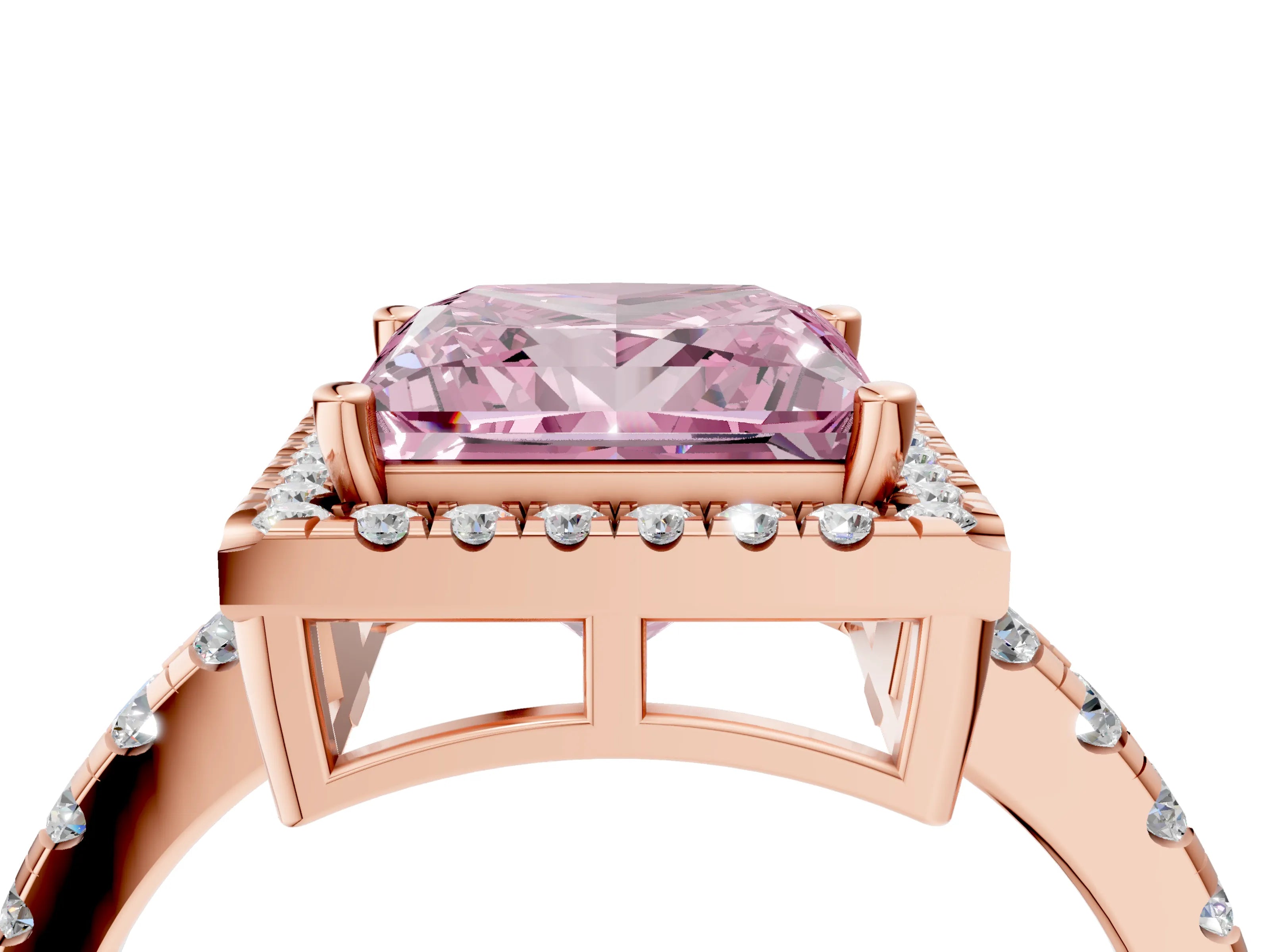 Rose gold Fancy Pink Princess Cut Diamond Halo Ring with Pavé Band and Four-Prong Setting_4