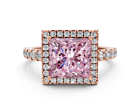 Rose gold Fancy Pink Princess Cut Diamond Halo Ring with Pavé Band and Four-Prong Setting