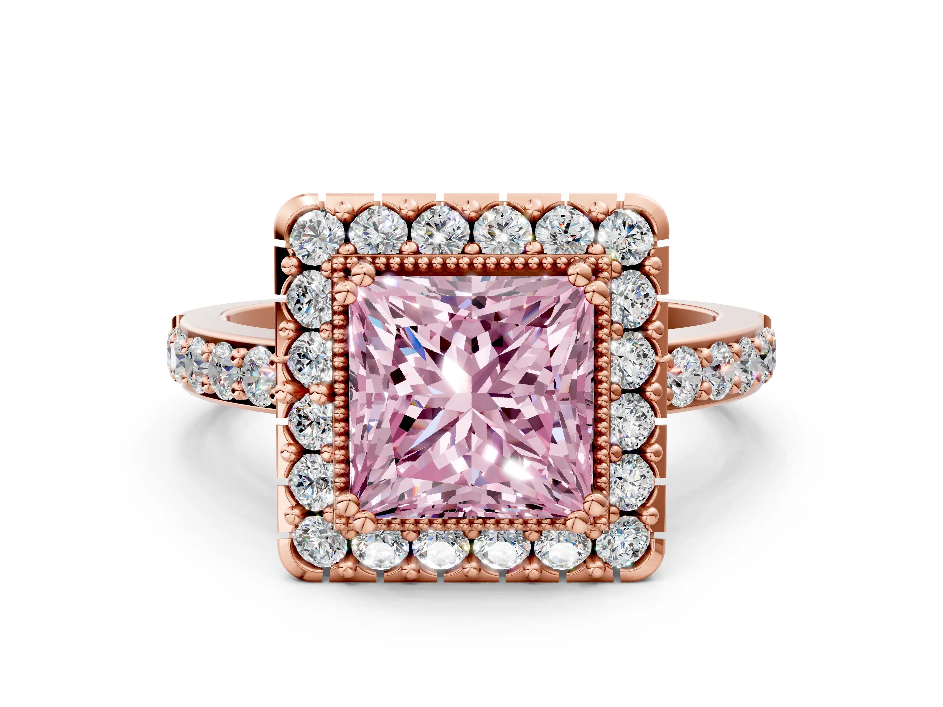 Rose gold Fancy Pink Princess Cut Diamond Halo Ring with Pavé Band and Prong Setting