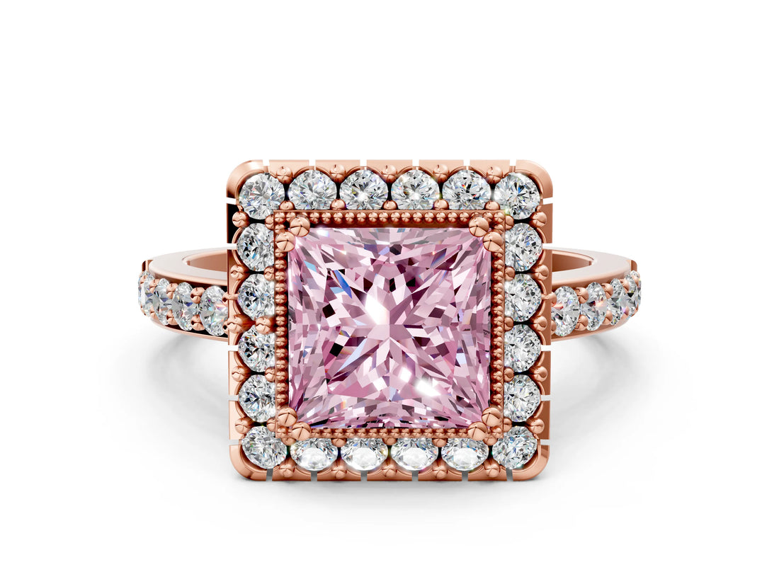 Rose gold Fancy Pink Princess Cut Diamond Halo Ring with Pavé Band and Prong Setting