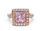 Rose gold Fancy Pink Princess Cut Diamond Halo Ring with Pavé Band and Prong Setting