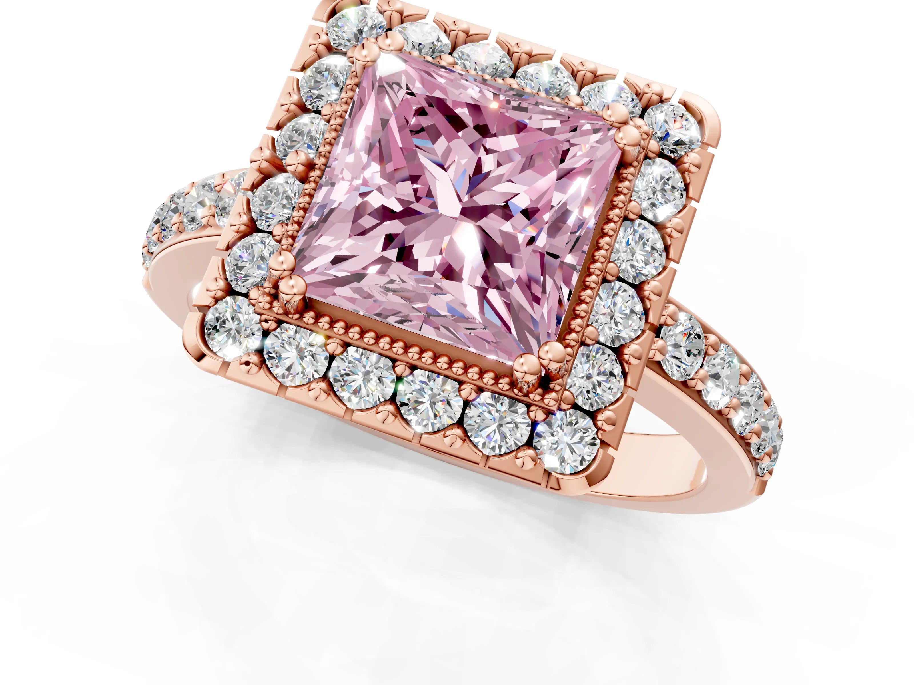 Rose gold Fancy Pink Princess Cut Diamond Halo Ring with Pavé Band and Prong Setting_1
