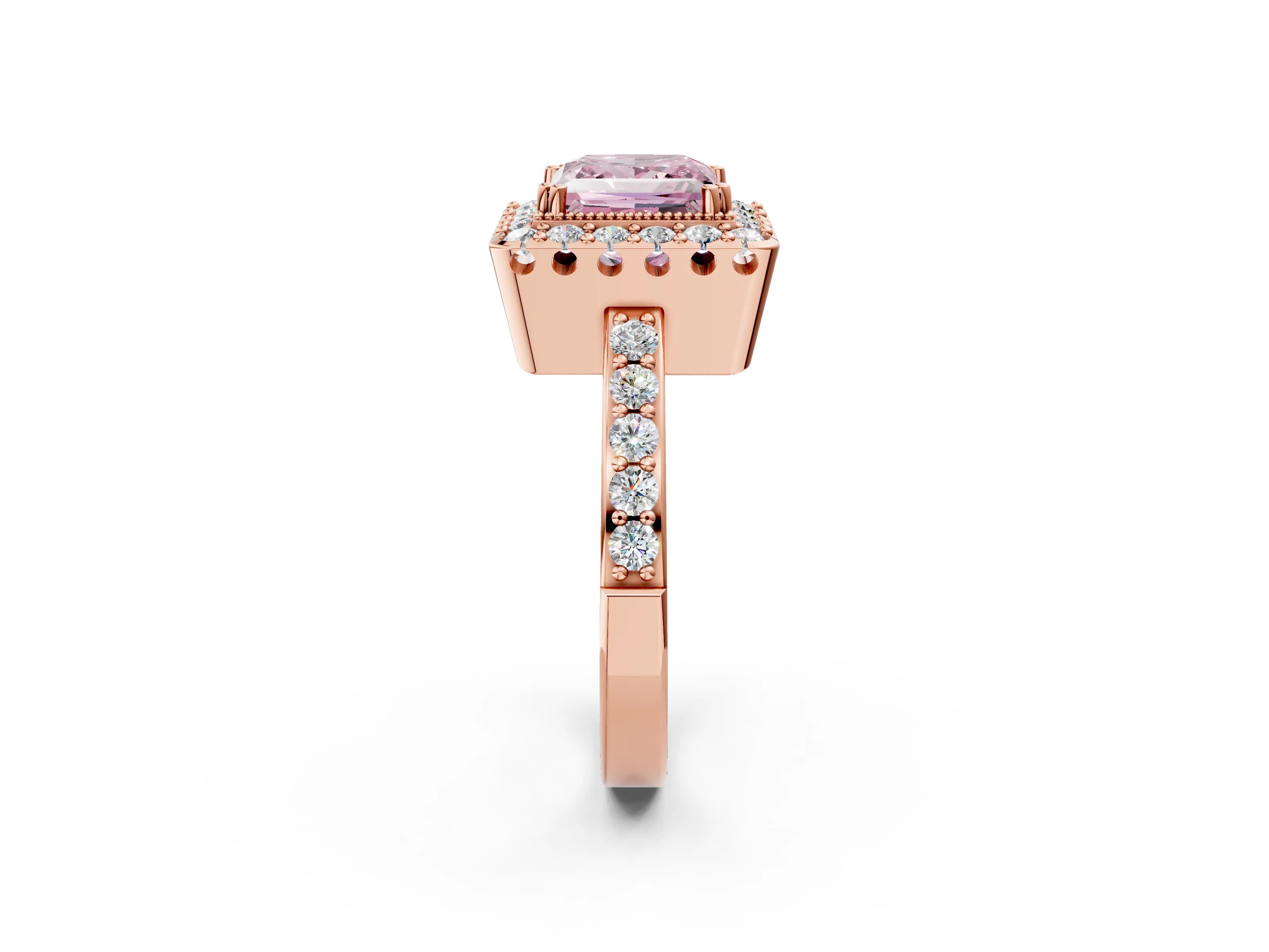 Rose gold Fancy Pink Princess Cut Diamond Halo Ring with Pavé Band and Prong Setting_2