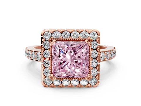 Rose gold Fancy Pink Princess Cut Diamond Halo Ring with Pavé Band and Prong Setting