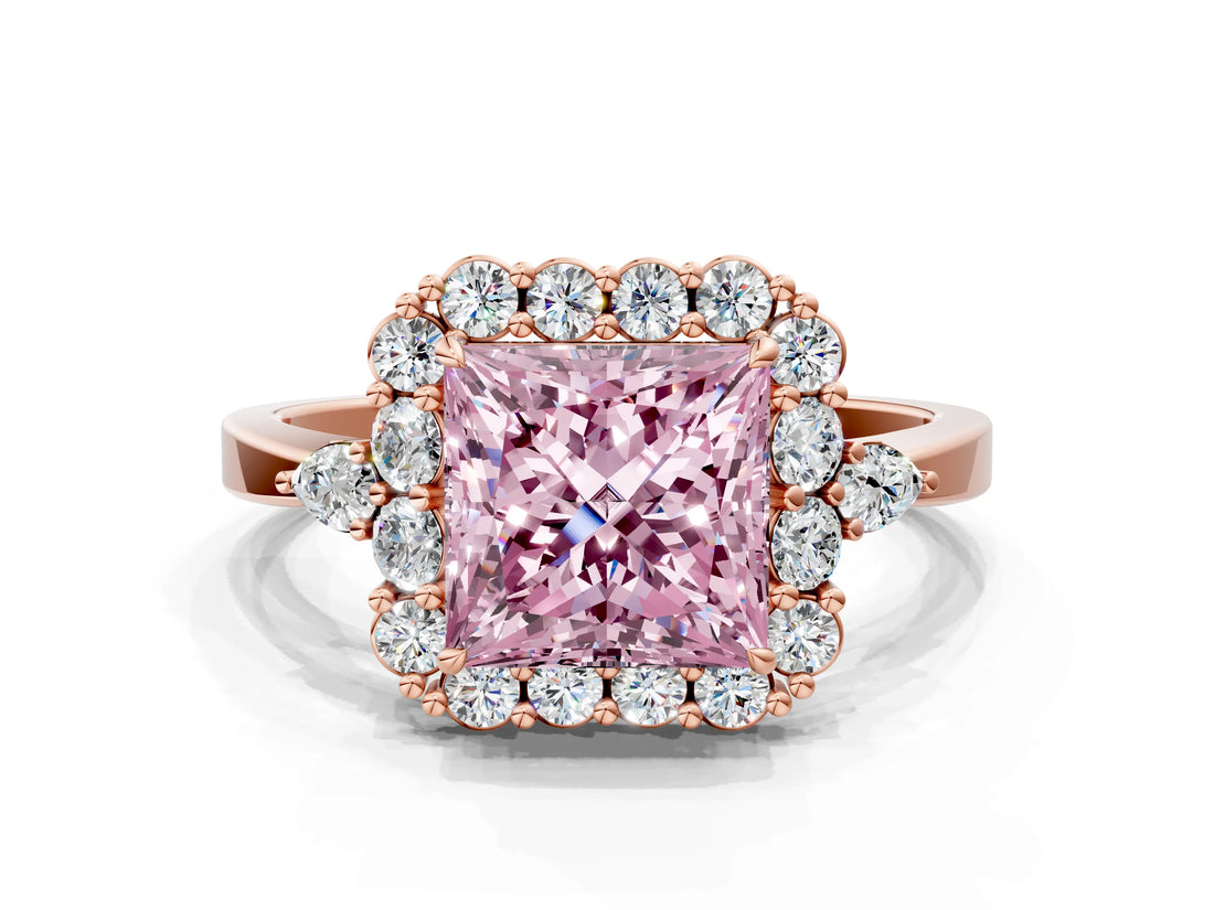 Rose gold Fancy Pink Princess Cut Diamond Halo Ring with Pear Side Stones and Prong Setting_16