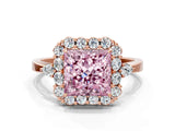 Rose gold Fancy Pink Princess Cut Diamond Halo Ring with Pear Side Stones and Prong Setting_16