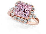 Rose gold Fancy Pink Princess Cut Diamond Halo Ring with Pear Side Stones and Prong Setting_17
