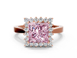 Rose gold Fancy Pink Princess  Cut Diamond Halo Ring with Round Brilliant Halo and Solitaire Band
