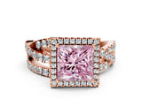 Rose gold Fancy Pink Princess Cut Diamond Halo Ring with Round Split Shank and Prong Setting_36