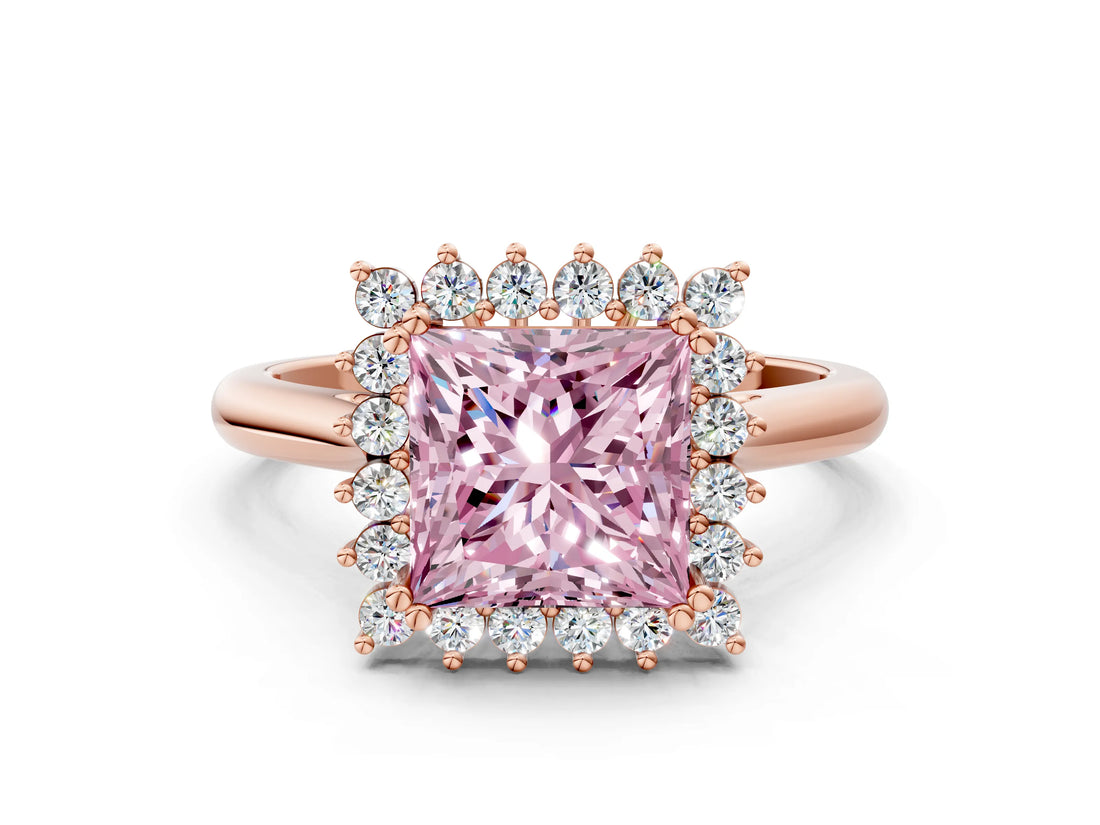 Rose gold Fancy Pink Princess  Cut Diamond Halo Ring with Solitaire Band and Prong Setting_34