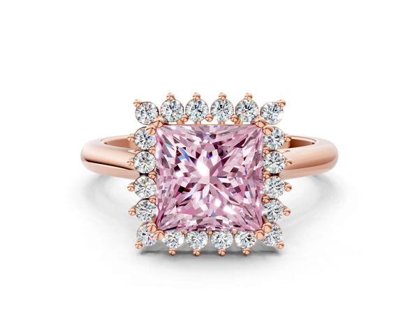 Rose gold Fancy Pink Princess  Cut Diamond Halo Ring with Solitaire Band and Prong Setting