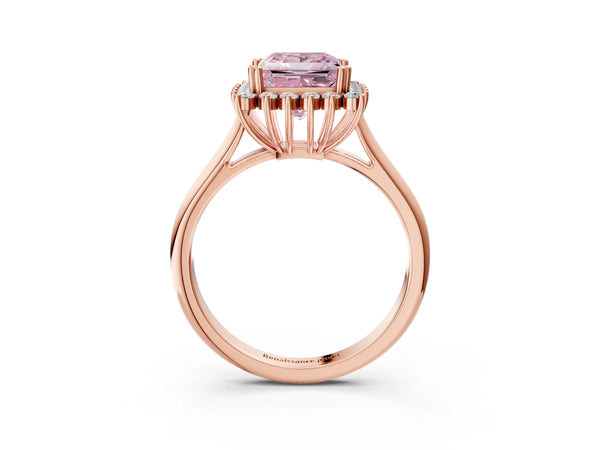Rose gold Fancy Pink Princess  Cut Diamond Halo Ring with Solitaire Band and Prong Setting