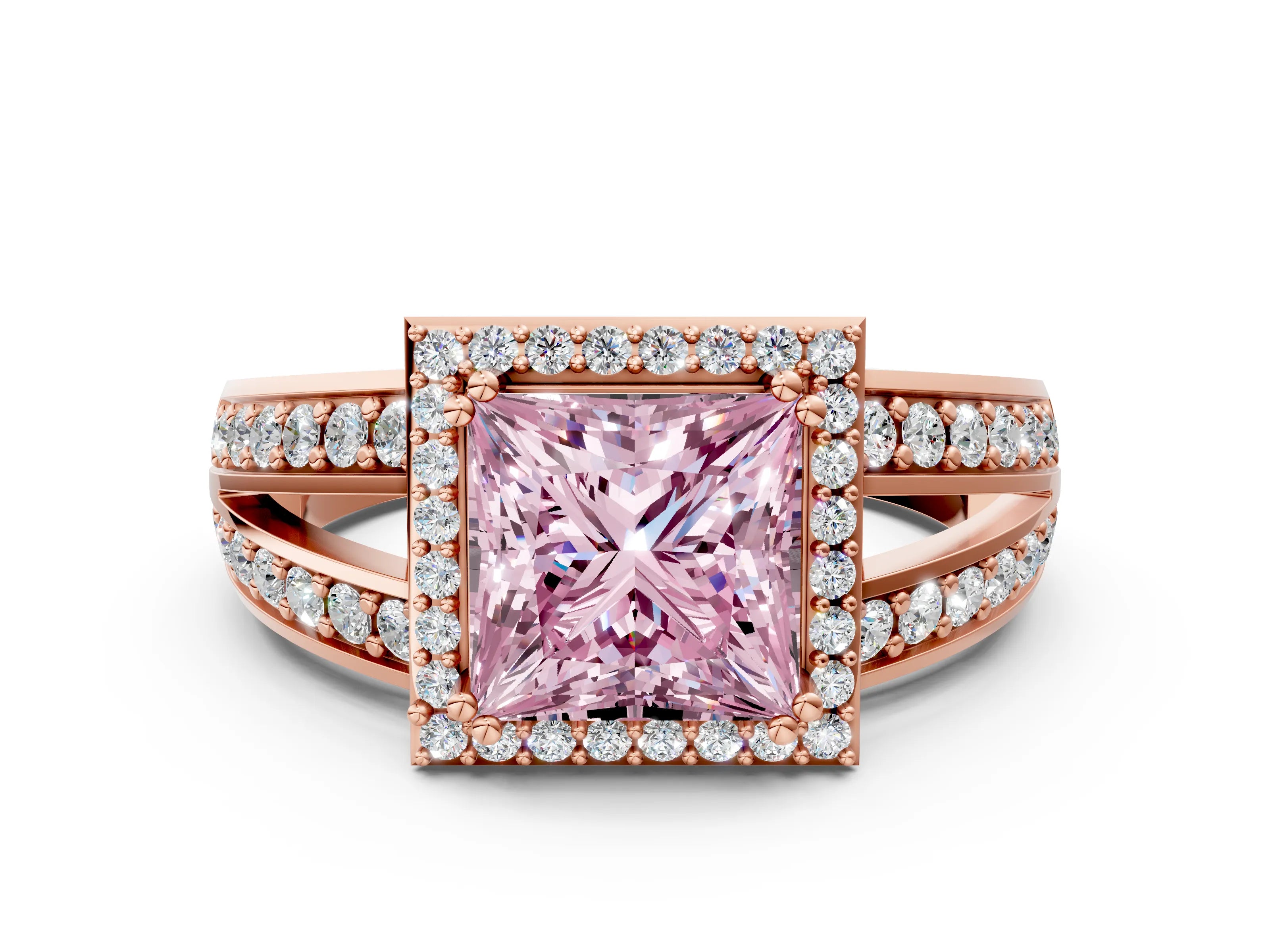 Rose gold Fancy Pink Princess Cut Diamond Halo Ring with Split Shank Pavé Band and Four-Prong Setting