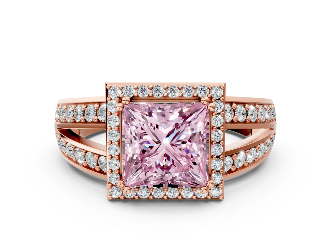 Rose gold Fancy Pink Princess Cut Diamond Halo Ring with Split Shank Pavé Band and Four-Prong Setting