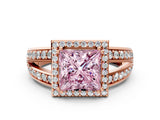 Rose gold Fancy Pink Princess Cut Diamond Halo Ring with Split Shank Pavé Band and Four-Prong Setting