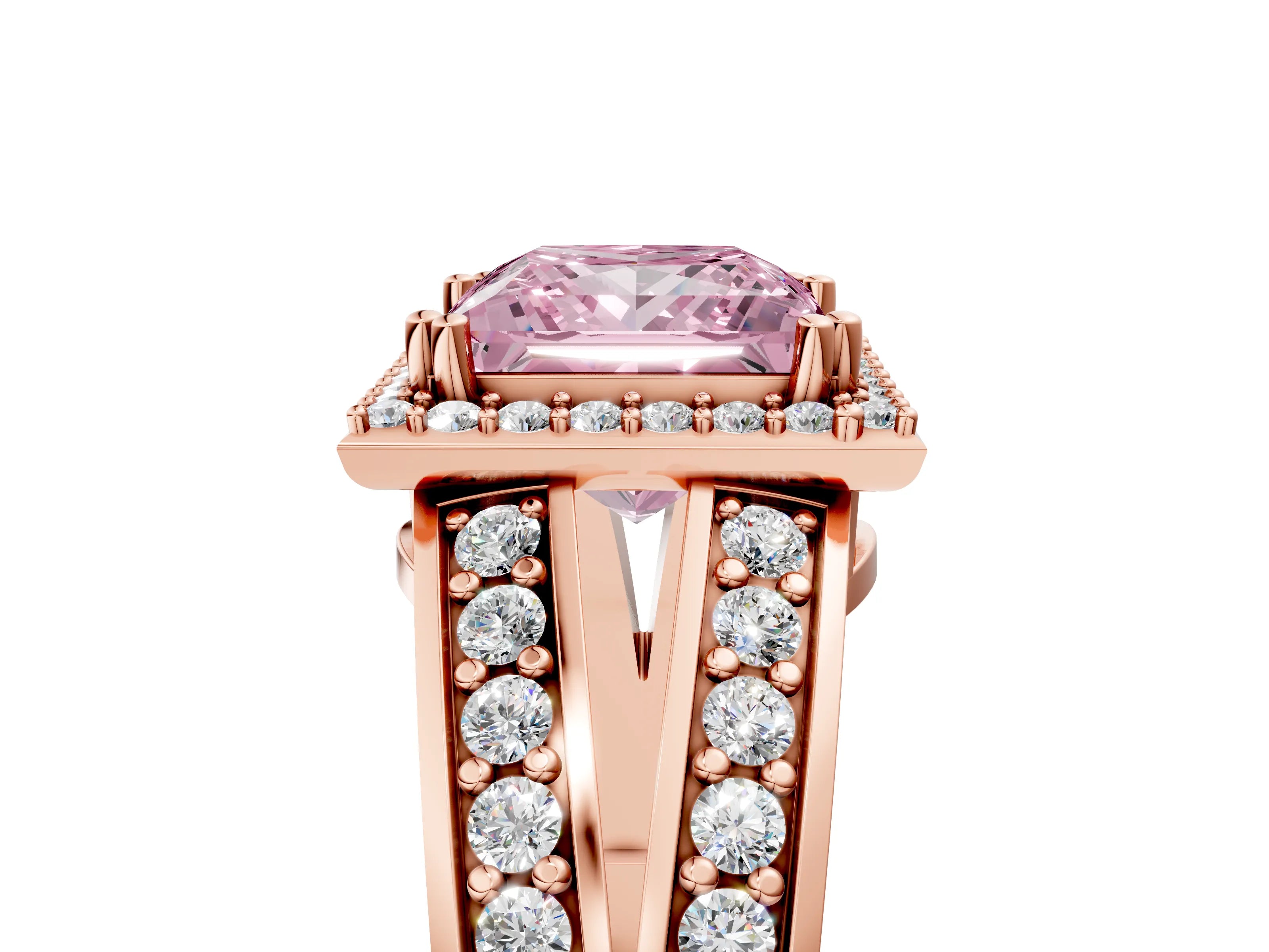 Rose gold Fancy Pink Princess Cut Diamond Halo Ring with Split Shank Pavé Band and Four-Prong Setting_5