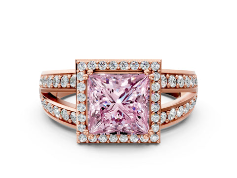 Rose gold Fancy Pink Princess Cut Diamond Halo Ring with Split Shank Pavé Band and Four-Prong Setting