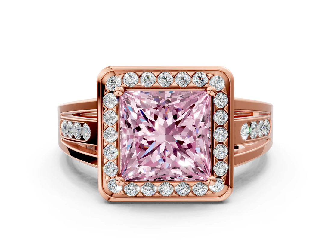 Rose gold Fancy Pink Princess Cut Diamond Halo Ring with Split Shank and Bezel Accents and Prong Setting