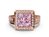 Rose gold Fancy Pink Princess Cut Diamond Halo Ring with Split Shank and Bezel Accents and Prong Setting