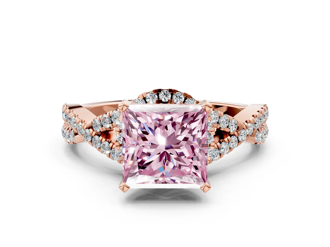 Rose gold Fancy Pink Princess Cut Diamond  Halo Twist Band Solitaire Prong Setting Ring_36