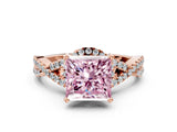 Rose gold Fancy Pink Princess Cut Diamond  Halo Twist Band Solitaire Prong Setting Ring_36