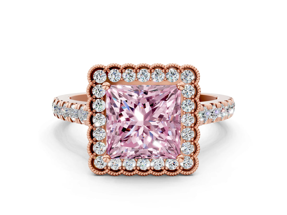 Rose gold Fancy Pink Princess  Cut Diamond Milgrain Floral Halo Engagement Ring with Pavé Band_15