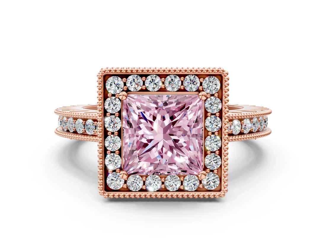 Rose gold Fancy Pink Princess Cut Diamond Milgrain Halo Engagement Ring with Round Pavé Band and Prong Setting_12