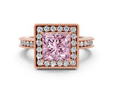 Rose gold Fancy Pink Princess Cut Diamond Milgrain Halo Engagement Ring with Round Pavé Band and Prong Setting_12