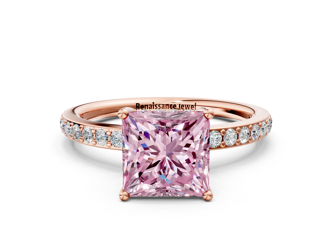 Rose gold Fancy Pink Princess  Cut Diamond Pavé Band Ring with Four-Prong Setting