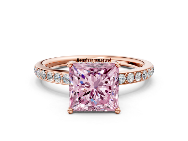 Rose gold Fancy Pink Princess  Cut Diamond Pavé Band Ring with Four-Prong Setting