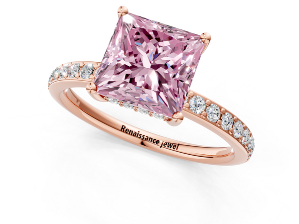 Rose gold Fancy Pink Princess  Cut Diamond Pavé Band Ring with Four-Prong Setting