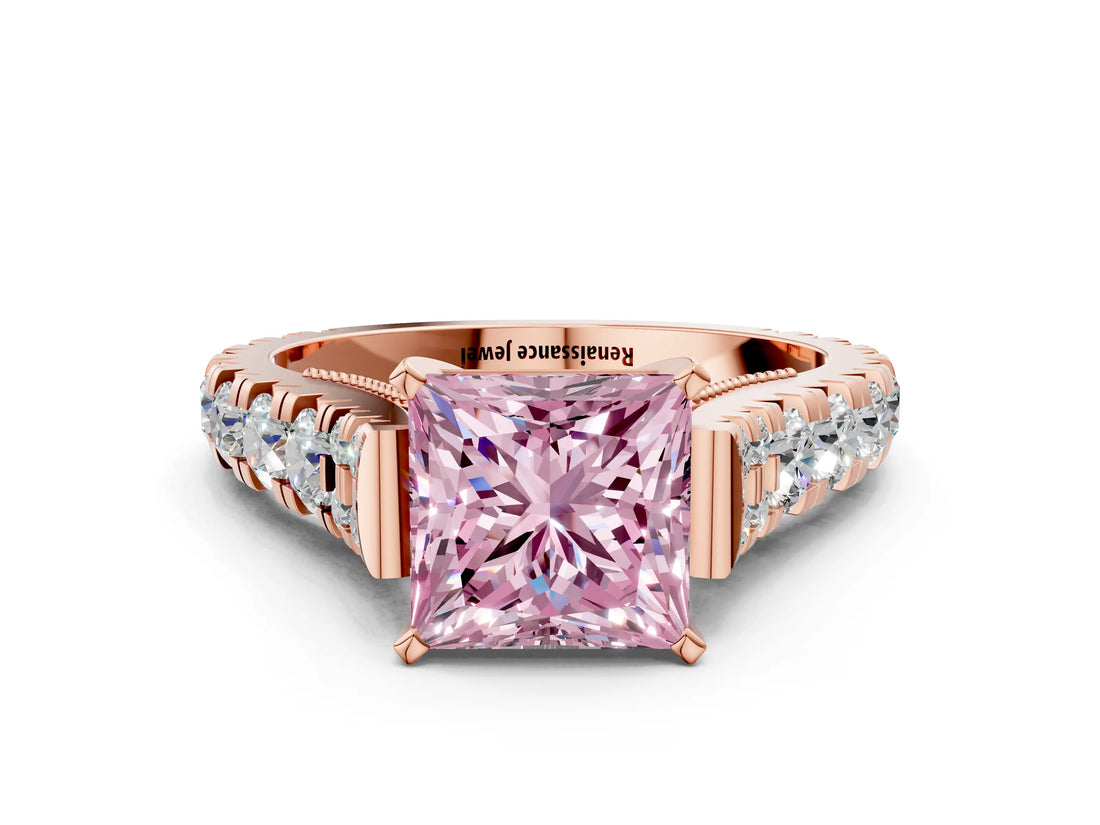 Rose gold Fancy Pink Princess  Cut Diamond Pavé Band Solitaire with Four-Prong Setting_15