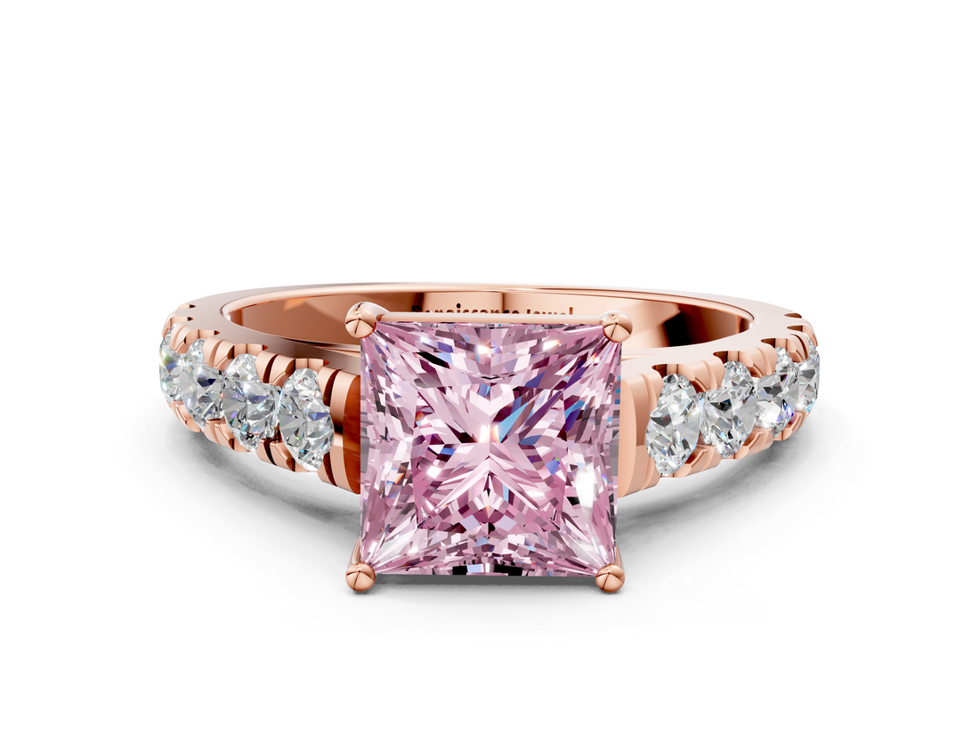 Rose gold Fancy Pink Princess  Cut Diamond Pavé Band Solitaire with Four-Prong Setting_3