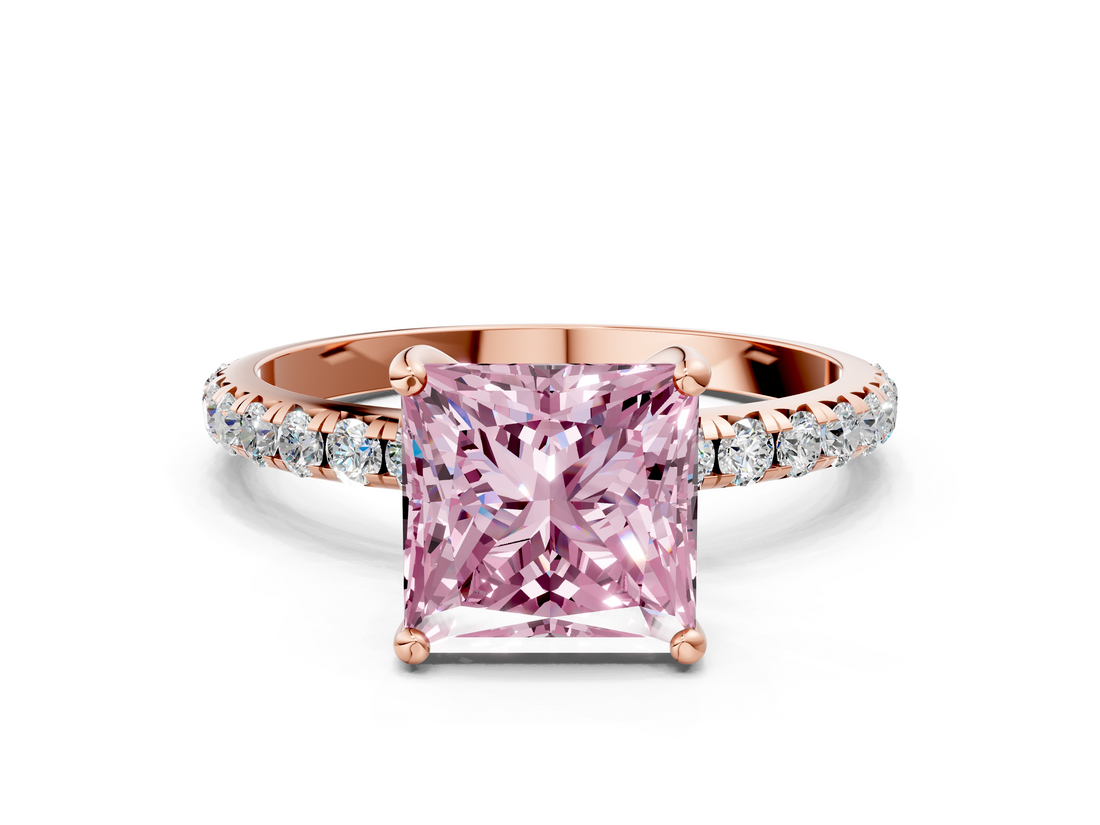 Rose gold Fancy Pink Princess  Cut Diamond Pavé Band Solitaire with Four-Prong Setting_3