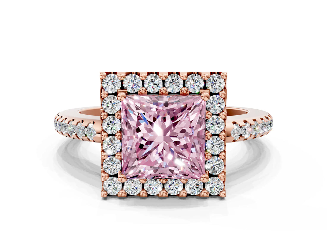 Rose gold Fancy Pink Princess Cut Diamond Pavé Halo Ring with Four-Prong Setting_18