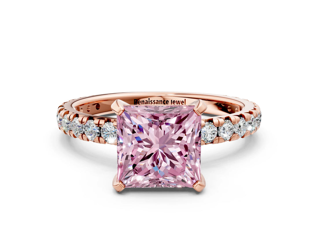 Rose gold Fancy Pink Princess Cut Diamond Pavé Solitaire Ring with Round Band and Prong Setting_12