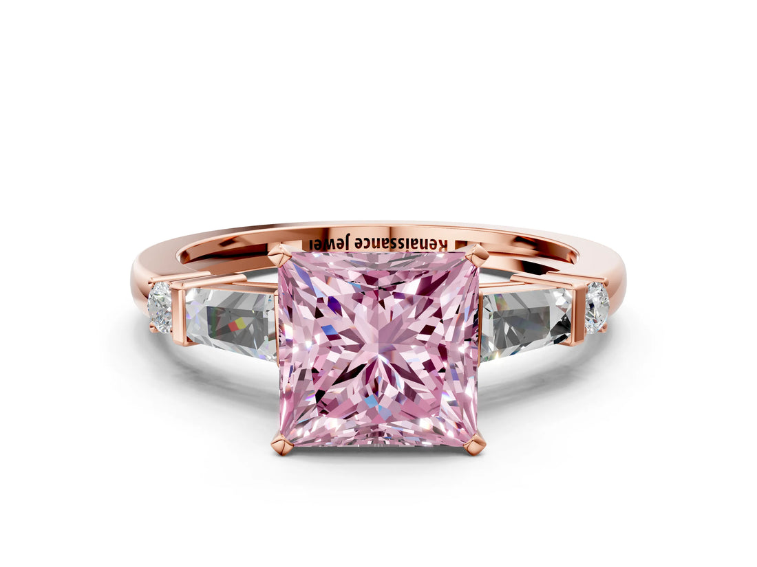 Rose gold Fancy Pink Princess  Cut Diamond Ring with Baguette Side Stones, Channel Set Band, and Four-Prong Setting_24