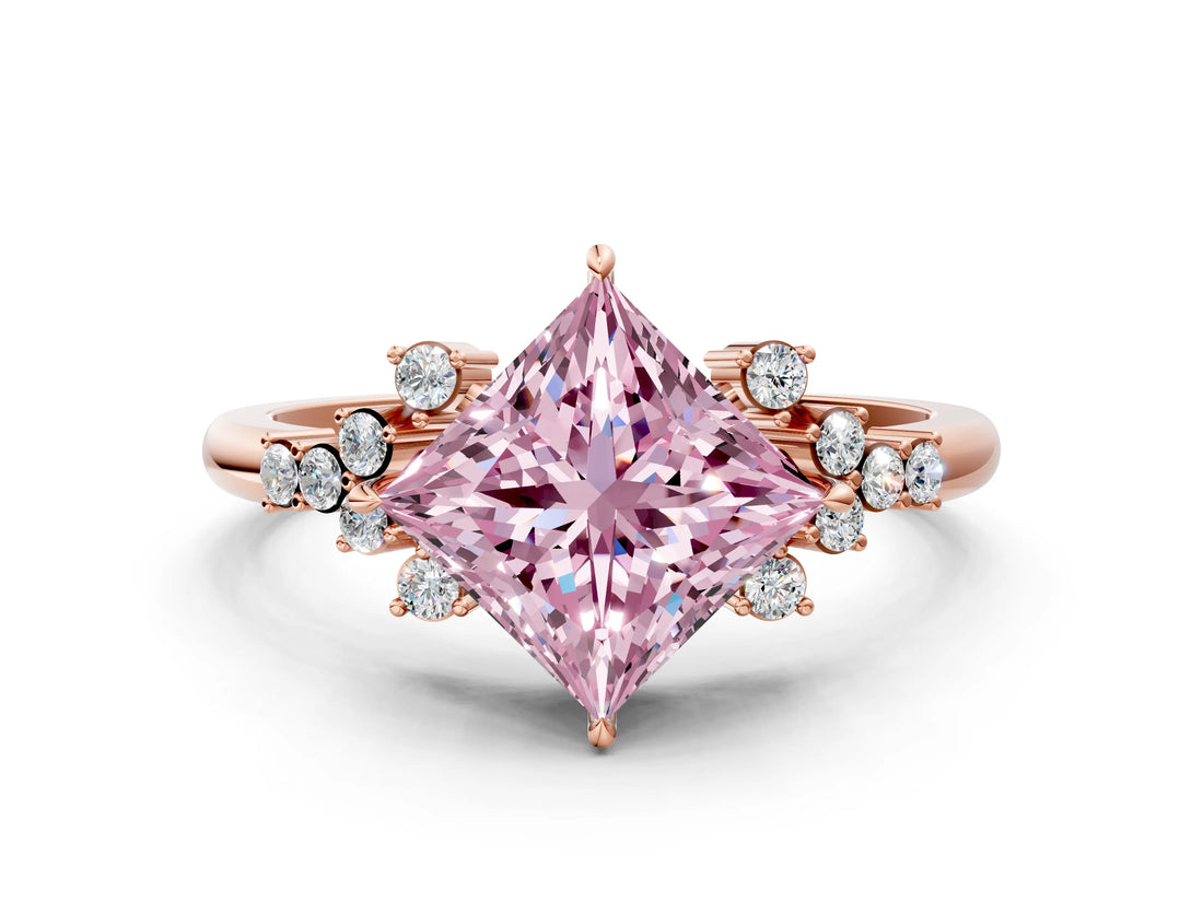Rose gold Fancy Pink Princess Cut Diamond Ring with Side Stones and Four-Prong Setting_58