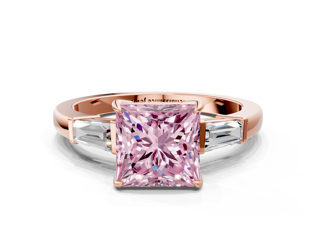 Rose gold Fancy Pink Princess  Cut Diamond Ring with Tapered Baguette Side Stones in Four-Prong Setting