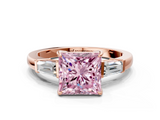 Rose gold Fancy Pink Princess  Cut Diamond Ring with Tapered Baguette Side Stones in Four-Prong Setting