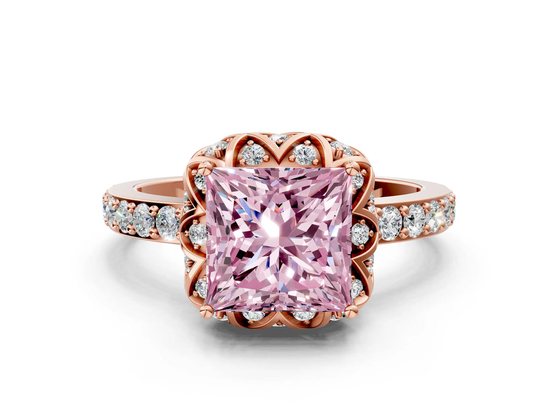 Rose gold Fancy Pink Princess Cut Diamond Scalloped Halo Engagement Ring with Round Shared Prong Band_12