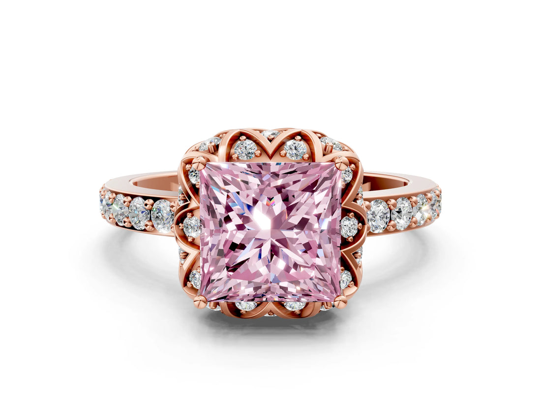 Rose gold Fancy Pink Princess Cut Diamond Scalloped Halo Engagement Ring with Round Shared Prong Band_24
