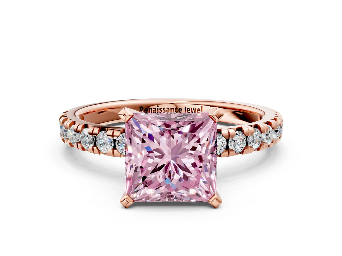 Rose gold Fancy Pink Princess Cut Diamond Solitaire Pavé Engagement Ring with Round Band and Prong Setting_72
