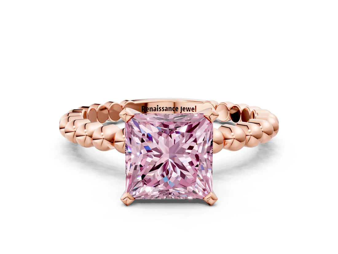 Rose gold Fancy Pink Princess Cut Diamond Solitaire Ring with Beaded Band and Prong Setting_23