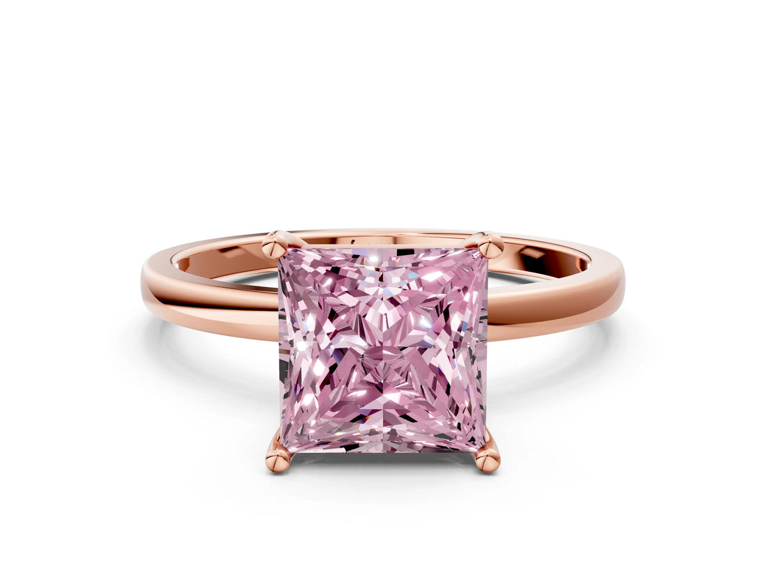 Rose gold Fancy Pink Princess Cut Diamond Solitaire Ring with Classic Band and Four-Prong Setting