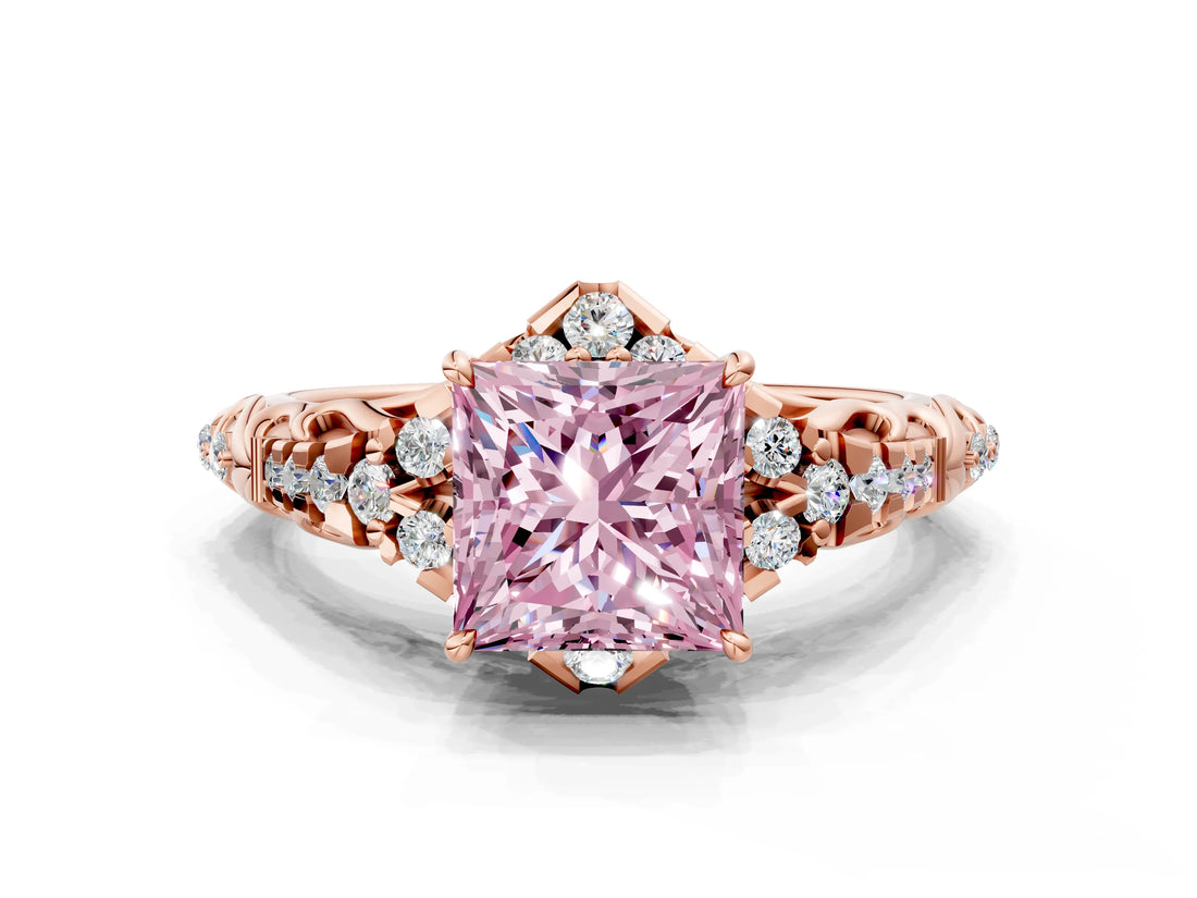 Rose gold Fancy Pink Princess Cut Diamond Solitaire Ring with Hidden Halo and Pavé Band_27
